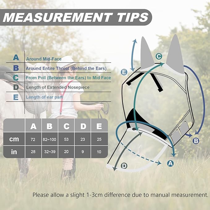 Luminous Horse Fly Mask with Long Nose, Ears, Full Face &amp; Eye Protection - Full Mesh, Detachable Nose Cover, Fleece Padded Edging, Hook-and-Loop Straps with Webbing, Hanging Straps Grey