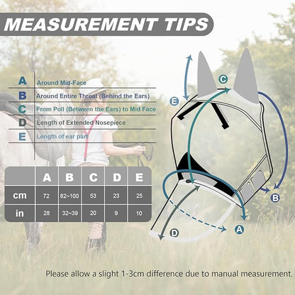 Luminous Horse Fly Mask with Long Nose, Ears, Full Face &amp; Eye Protection - Full Mesh, Detachable Nose Cover, Fleece Padded Edging, Hook-and-Loop Straps with Webbing, Hanging Straps Grey
