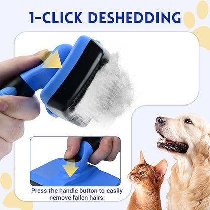 Large Self Cleaning Deshedding Brush for Dogs &amp; Cats - One Button Hair Release Grooming Tool, Gentle Massage Brush for Long and Short Hair (Blue)