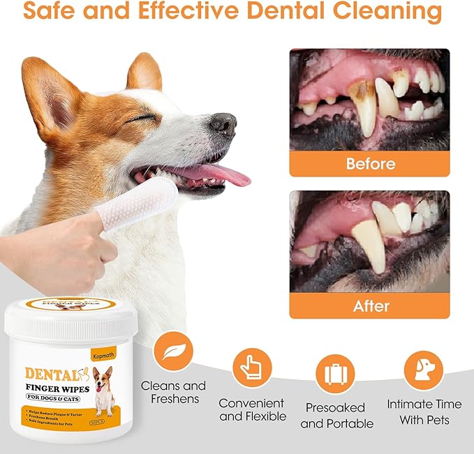 Finger Brushes for Dental Care of Pets, Teeth Cleaning Finger Wipes, Dog Dental Wipes, Reduce Plaque &amp; Tartar, Freshen Breath, Safe &amp; Natural Pet Dental Wipes for Dogs Teeth