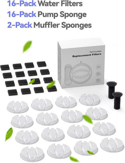 SIBAYS Cat Water Fountain Filters, Pet Water Fountain Filter Replacement for 3.5L/118oz Pet Fountain, Food Grade Activated Carbon and PP Cotton, 16pcs Filters+ 16pcs Pump Sponges+ 2pcs Muffler Sponges