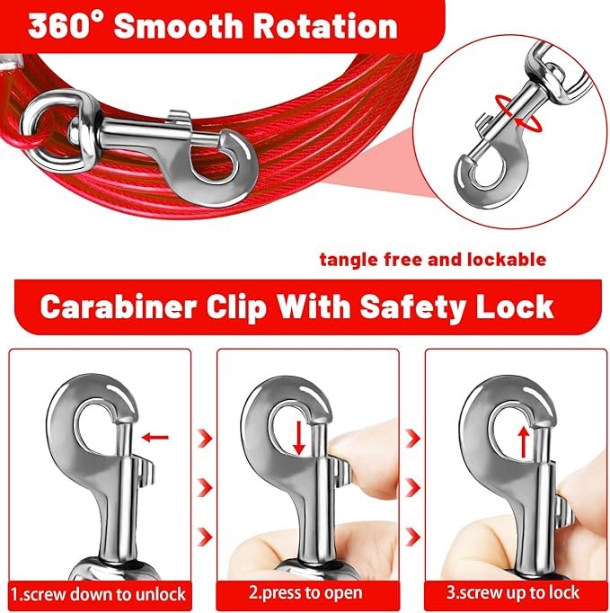Dog Tie Out Cable 10/15/20/25/30 FT Runner for Yard Steel Wire Cable with Durable Superior Clips Red Chains for Outside Dog Lead for Large Up to 165 Lbs