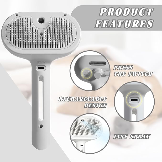Cat Steam Brush, 3 in 1 Cat Brush for Shedding &amp; Grooming, Water Brush for Cats Dogs, Pet Hair Removal Comb for Long Short Haired Small Animal, Self Cleaning Slicker Brush with Release Button
