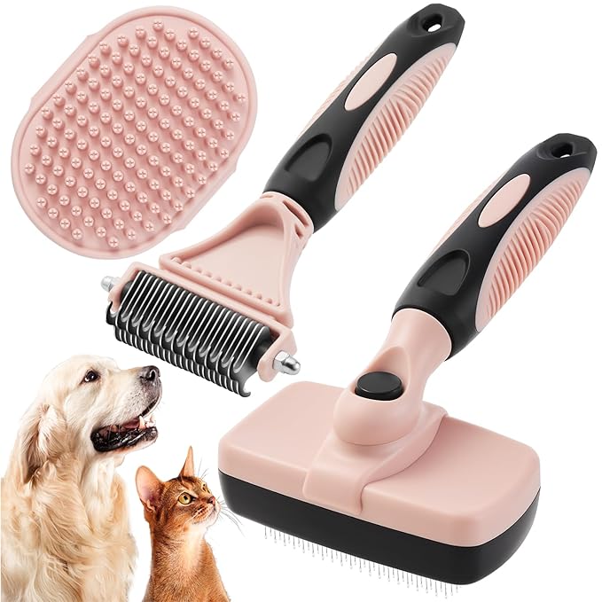 3PCS Cat &amp; Dog Brush Set: Slicker &amp; Deshedding Brush, Dematting Comb, and Bath Brush – Premium Grooming Tools for Shedding &amp; Tangle-Free Fur (pink)