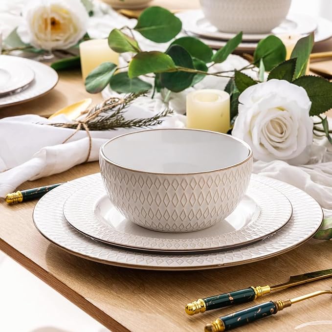 GBHOME Ceramic Dinnerware Sets,12 pcs Embossed Elegant Stoneware Plates and Bowls Sets, Housewarming Wedding Gift | Dishwasher &amp; Microwave Safe | Dishes Set Service for 4