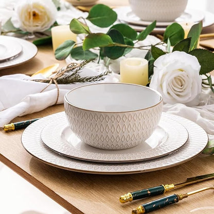 GBHOME Ceramic Dinnerware Sets,12 pcs Embossed Elegant Stoneware Plates and Bowls Sets, Housewarming Wedding Gift | Dishwasher &amp; Microwave Safe | Dishes Set Service for 4