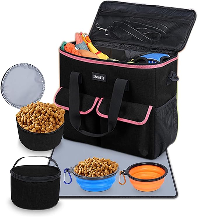 Large Pet Travel Bag Organizer - Dog &amp; Cat Tote with Food Containers, Bowls, Feeding Mat, Perfect for Camping, Hiking (Multi-Pocket Design)