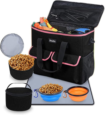 Large Pet Travel Bag Organizer - Dog &amp; Cat Tote with Food Containers, Bowls, Feeding Mat, Perfect for Camping, Hiking (Multi-Pocket Design)
