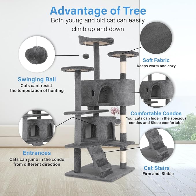 FDW Cat Tree 54in Cat Tower Multi-Level Durable Cat Scratching Post &amp; Cozy Fun Cat Jumping Platform Space Saving Cat Condo Pet Play House for Indoor Cats,Light Gray