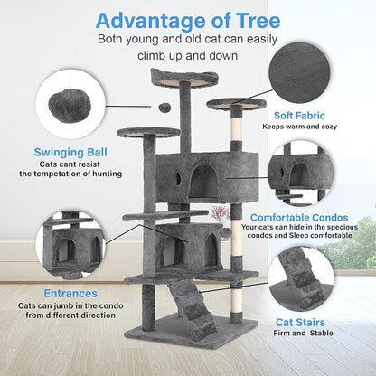 FDW Cat Tree 54in Cat Tower Multi-Level Durable Cat Scratching Post &amp; Cozy Fun Cat Jumping Platform Space Saving Cat Condo Pet Play House for Indoor Cats,Light Gray