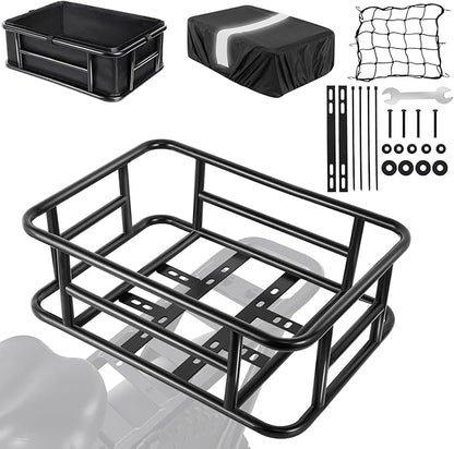 Bike Basket Rear with Liner,Waterproof Cover,Cargo Net Large Rear Bike Basket,Heavy Duty Bicycle Rear Basket for Electric Bike, Ebike,Great for Bike Trip,Carrying Grocery,Ball,Dog