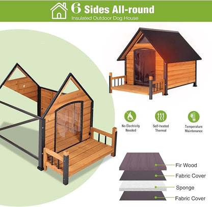 Dog House Outdoor Insulated, Sturdy &amp; Warm Winter Puppy Shelter, 45" L Large Dog Kennel with Chew-Proof Iron Frame, Suitable for Small to Large Dogs(Brown)