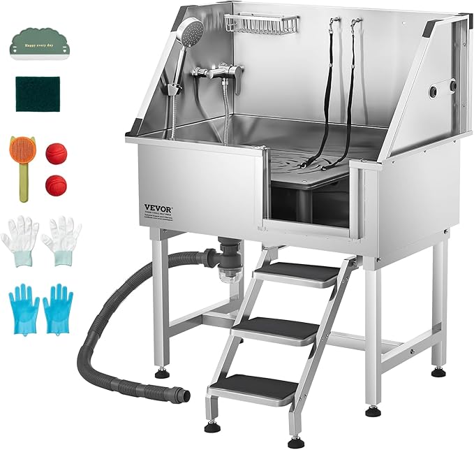 VEVOR Stainless Steel Dog Washing Station, 38 inch Pet Grooming Tub w/Storage Stairs, Faucet &amp; Showerhead &amp; Soap Holder Dog Bathtub for Medium &amp; Small Pets (Right Door)