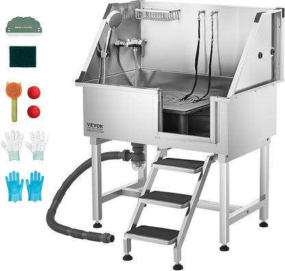VEVOR Stainless Steel Dog Washing Station, 38 inch Pet Grooming Tub w/Storage Stairs, Faucet &amp; Showerhead &amp; Soap Holder Dog Bathtub for Medium &amp; Small Pets (Right Door)