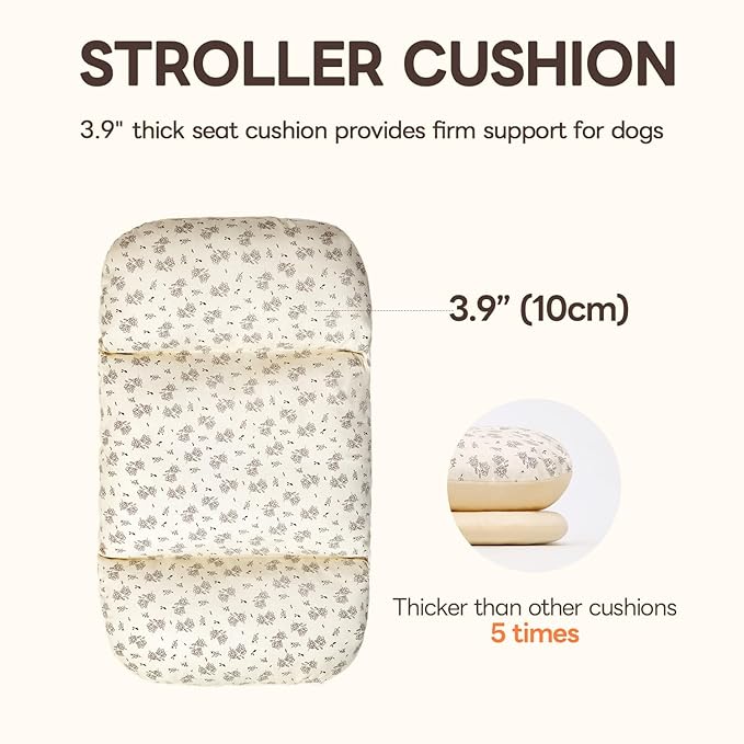 Dog Stroller Cushion &amp; Mat, Pet Stroller Cushion for Dogs &amp; Cats, 5-Level Waterproof &amp; Removable Inner Core, Dog-Ergonomic 3-Zone Support, 4-inch Thickness (Flower Set)