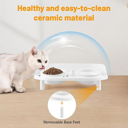 Elevated Cat Bowls, Tilted Rised Cat Food and Water Bowl with 2 Pcs Ceramic Pet Bowls, Rised Stand, Pet Dish Anti Vomiting Feeding Station for All Sized Cats &amp; Small Dogs (White)