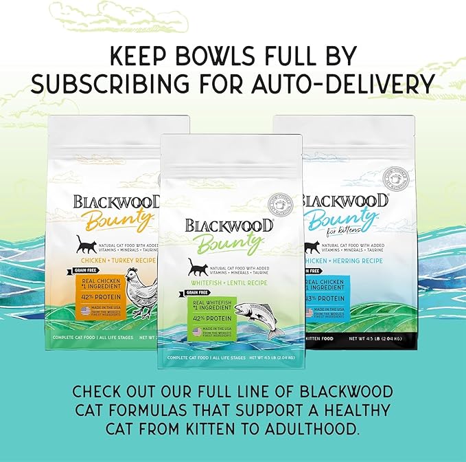 Blackwood Bounty Dry Cat Food, Whitefish &amp; Lentil Recipe for All Life Stages, 10 Pound Bag, High Protein, Grain Free