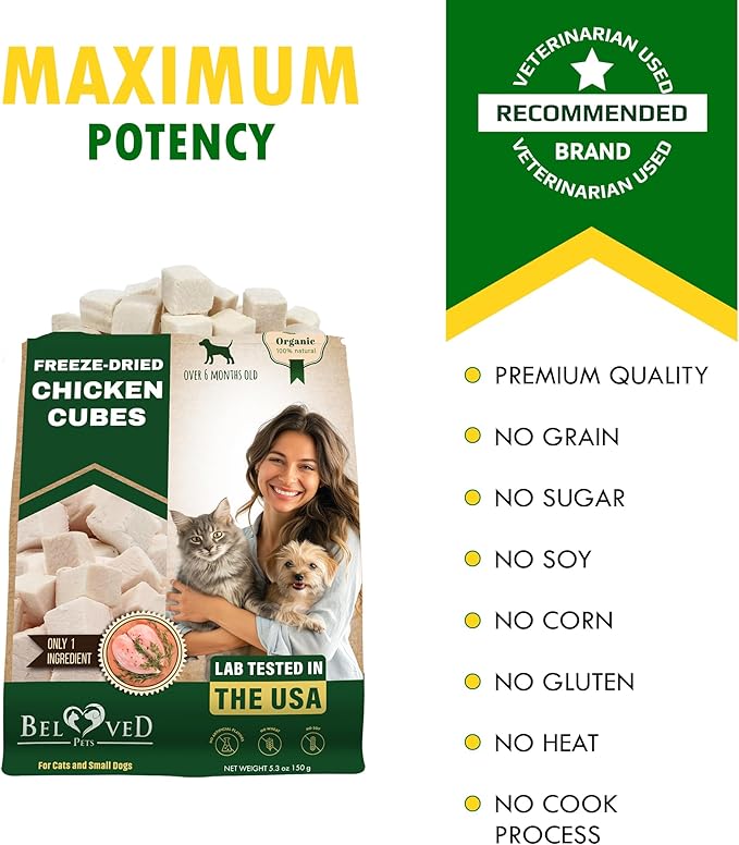 Beloved Pets Dog &amp; Cat Treats Freeze Dried Chicken Cubes 5.3 oz - All Natural Meat Raw Pet Food - Human Grade High-Protein Snacks &amp; Grain-Free Jerky Chews for Cats and Small Dogs