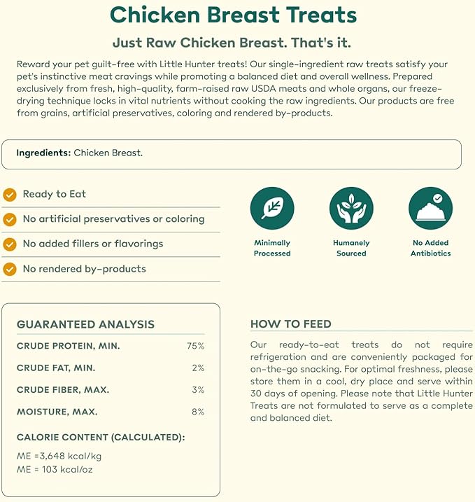 Little Hunter Freeze Dried Dog Treats - Chicken Breast - Raw Single Ingredient Chicken Breast Dog Treats for Snacks, Training, Dog Food Toppers - All Natural, Healthy Dog &amp; Puppy Treats, 2 oz