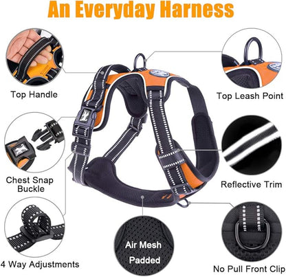 PoyPet No Pull Dog Harness, Reflective Comfortable Vest Harness with Front &amp; Back 2 Leash Attachments and Easy Control Handle Adjustable Soft Padded Pet Vest for Small to Large Dogs (Orange,S)
