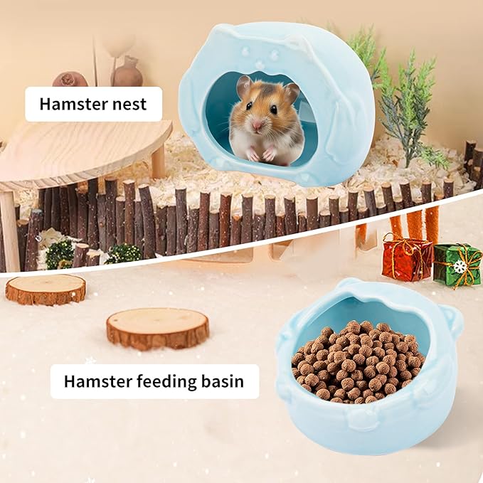 Bear-Shaped Hamster Hideout &amp; Food Bowl Set - Ceramic Habitat for Syrian Dwarf Hamsters, Mice, Gerbils - All-Season Use, Chew-Proof Ceramic House and Feeding Dish for Small Pets(Blue)