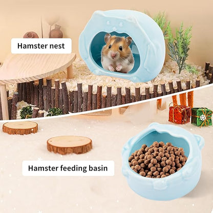Bear-Shaped Hamster Hideout &amp; Food Bowl Set - Ceramic Habitat for Syrian Dwarf Hamsters, Mice, Gerbils - All-Season Use, Chew-Proof Ceramic House and Feeding Dish for Small Pets(Blue)