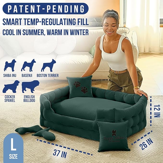 Luxury Dog Bed Chesterfield – Handcrafted Velvet Throne for Dogs | Joint Support, Calming &amp; Temp-Regulating Comfort | Durable 5+ Years, Anti-Claw, Washable 100+ Times – L, Green