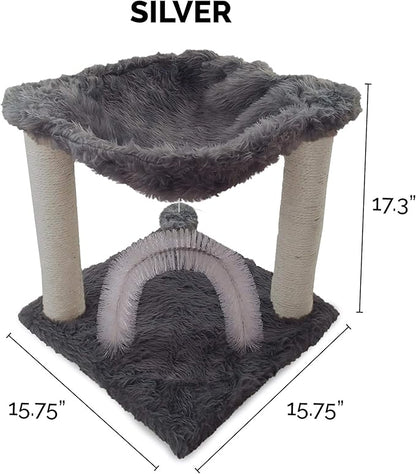 Furhaven 15.75" Tall Playground for Indoor Cats, Ft. Sisal Scratching Posts, Self-Grooming Brush, &amp; Toy - Tiger Tough Hammock Interactive Playground - Silver, One Size