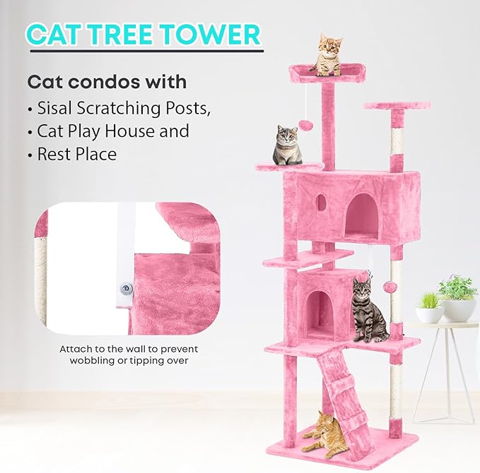 FDW Cat Tree 70in Cat Tower Multi-Level Durable Cat Scratching Post &amp; Cozy Fun Cat Jumping Platform Space Saving Cat Condo Pet Play House for Indoor Cats,Pink