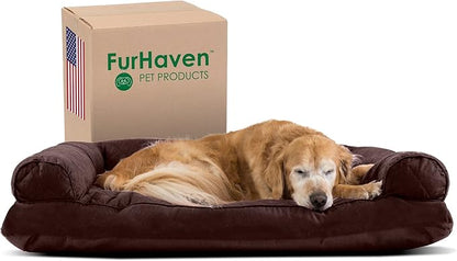Furhaven Pillow Dog Bed for Large Dogs w/ Removable Bolsters &amp; Washable Cover - Quilted Sofa - Coffee, Jumbo/XL