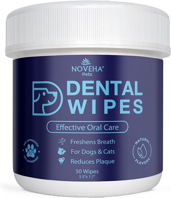 NOVEHA Pets Dental Finger Wipes for Dogs &amp; Cats | Freshens Breath, Reduces Plaque | Healthier Gums | Clean Teeth No Toothbrush | Vet Recommended Effective Natural Oral Care (50 pcs, Flavor-Free)