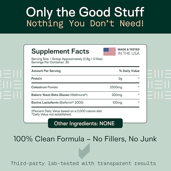Adapt Naturals Colostrum Supplement with Lactoferrin &amp; Beta-Glucan, Bio-Avail Grass Fed Bovine Colostrum Powder for Gut Health, Immune Support &amp; Vitality | Non-GMO, 2500mg, Unflavored - 30 Days Supply