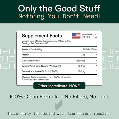 Adapt Naturals Colostrum Supplement with Lactoferrin &amp; Beta-Glucan, Bio-Avail Grass Fed Bovine Colostrum Powder for Gut Health, Immune Support &amp; Vitality | Non-GMO, 2500mg, Unflavored - 60 Days Supply