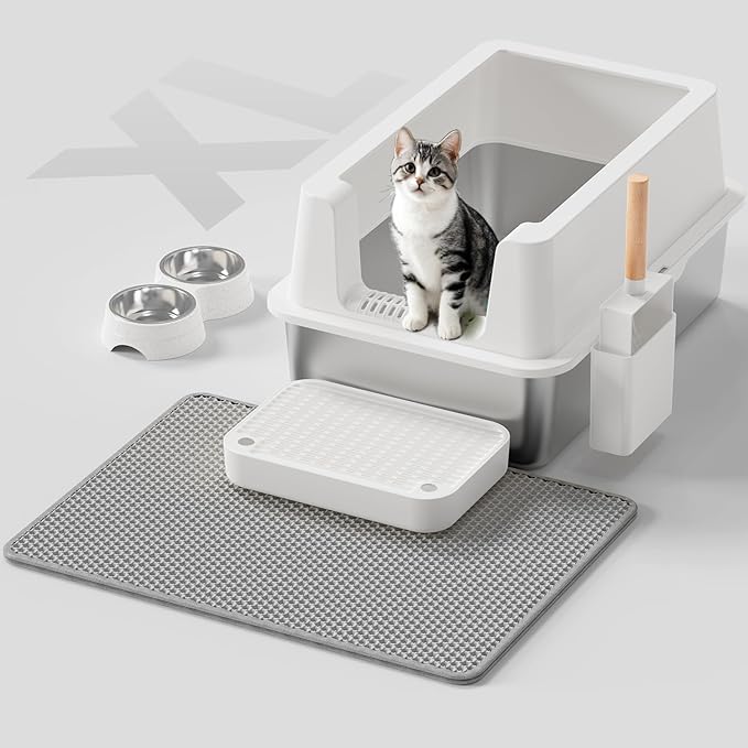 Stainless Steel Cat Litter Box - Enclosed XL Metal Kitty Litter Box with Lid for Big Cats, High Sided, Anti-Leakage, Easy Cleaning, Non-Sticky, Included Litter Mat, Cat Bowl &amp; Spoon
