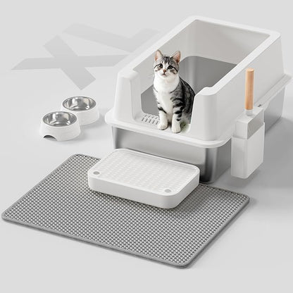 Stainless Steel Cat Litter Box - Enclosed XL Metal Kitty Litter Box with Lid for Big Cats, High Sided, Anti-Leakage, Easy Cleaning, Non-Sticky, Included Litter Mat, Cat Bowl &amp; Spoon