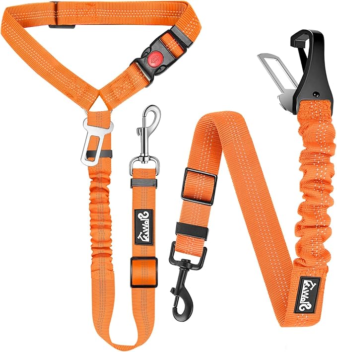 Lukovee Dog Seatbelt Leash for Cars, 2 Pack Pet Safety Car Seat Belt with Adjustable Buckle &amp; Reflective Bungee, Connect Dog Harness in Vehicle Car Dogs Restraint Travel Daily Use (Orange)