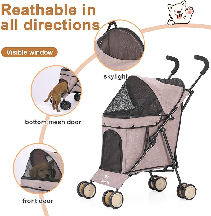 Umbrella Dog Stroller, 4 Wheels Pet Strolling, Foldable Carrier Pet Stroller for Small Dogs Cats, with Carrying Strap and Cup Holder, Dog Poop Bags &amp; Dispenser, Up to 33 lbs, Coffee