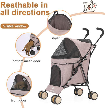 Umbrella Dog Stroller, 4 Wheels Pet Strolling, Foldable Carrier Pet Stroller for Small Dogs Cats, with Carrying Strap and Cup Holder, Dog Poop Bags &amp; Dispenser, Up to 33 lbs, Coffee