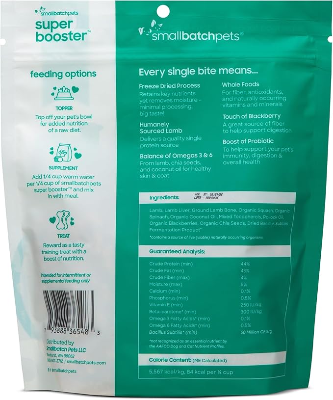 smallbatch Freeze Dried Dog Treats, Superfood Food Topper Lamb Bites for Dogs &amp; Cats, Probiotics, Organic Ingredients, High Protein, Grain Free Healthy Treat or Food Topper, Made in The USA, 7 oz Bag
