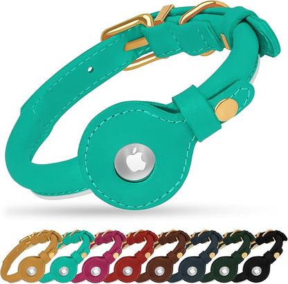 OOPSDOGGY Rolled Leather Dog Collar with Airtag Holder - Reflective Round Airtag Dog Collar - Soft Tracking Pet Collar for Small Dogs Puppy Cats Kitten (Teal, S, 10"-13")