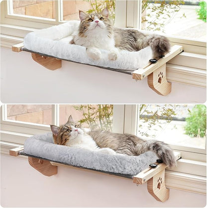 AMOSIJOY Cat Sill Window Perch Sturdy Hammock Window Seat with Cushion Cover, Wood &amp; Metal Frame for Large Cats, Easy to Adjust Cat Bed for Windowsill, Bedside, Drawer and Cabinet (L)
