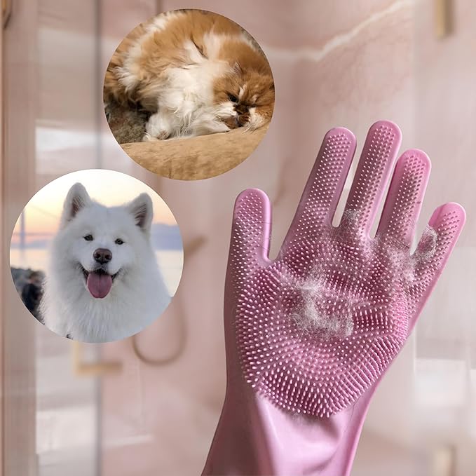 Grooming Gloves for Cats &amp; Dogs - Pet Hair Removal Glove, Silicone Brush for Dog or Cat Washing, Puppy Bath Supplies for Shedding Cleaning Bathing &amp; Massage, Fur Remover Mitt, Shower Shampoo Scrub