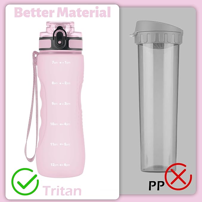 OLDLEY 25 oz Water Bottle, Motivational Water Bottle with Time Marker, Sports Water Bottle With Strap, Leakproof &amp; BPA Free Large Water Bottles for School, Gym, Travel, Outdoor, Tritan,Pink