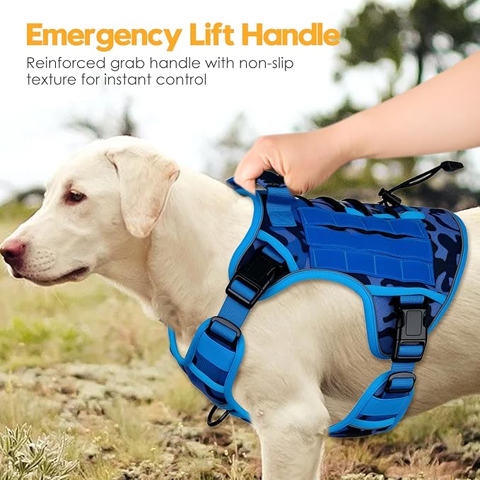 Heavy-Duty Tactical Dog Harness for Large Dogs, No Pull Adjustable Reflective Pet Vest with Molle System, K9 Military-Grade Control for Service Training, Outdoor &amp; 10+ Breeds, Blue Camo, X-Large