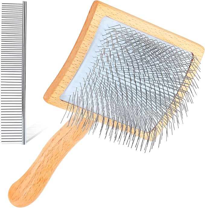 Dog Slicker Brush for Shedding and Grooming Medium or Long Haired Cats, Extra Long &amp; Soft Pin Slicker Brush for Removes Loose Hair, Tangles, Knots, Undercoat, Free Pet Comb, Large, Oak