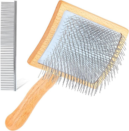 Dog Slicker Brush for Shedding and Grooming Medium or Long Haired Cats, Extra Long &amp; Soft Pin Slicker Brush for Removes Loose Hair, Tangles, Knots, Undercoat, Free Pet Comb, Large, Oak