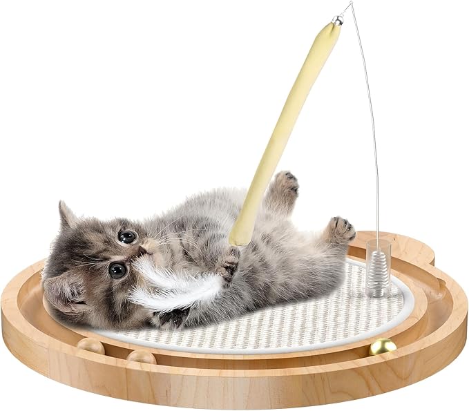 3-in-1 Cat Toys, Scratcher, Toys for Indoor Cats, Natural Sisal Scratching Board, Kitten Interactive with Ball Track &amp; Retractable Wand Toy &amp; Feather