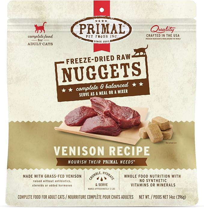 Primal Freeze Dried Raw Cat Food Nuggets Venison, Complete &amp; Balanced Meal or Topper, Premium, Healthy, Grain Free, High Protein Raw Cat Food with Probiotics (14 oz)