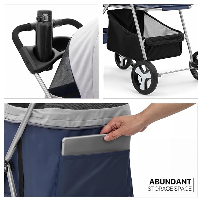 MoNiBloom 3 in 1 Foldable Pet Stroller for Small &amp; Medium Dogs, Detachable Carrier, Car Seat, Push Button Entry, 4-Wheel Jogger for Pets up to 33 lbs, Navy Blue