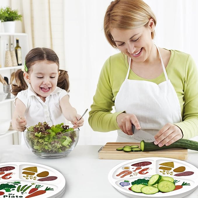 10" 3-Grid Cute Cartoon Portion Control Plate - Melamine, Healthy Nutrition for Weight Loss &amp; Diabetes Management, Ideal for Adults &amp; Teens Kids (4 Pack)